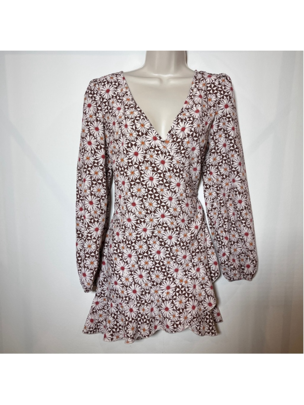 Boho Indie Folk Hippie Dress Floral V-Neck Mini Long Sleeve Flowy Medium
